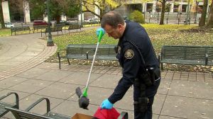Officer cleaning up one of the many dead crows found in Portland's Waterfront Park.  Photo c/o KOIN 6 News